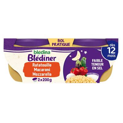 Blédina - Blédîner Ratatouille Petits Macaroni Touche de Mozzarella Bol Bébé Dès 12 mois, 2x200g