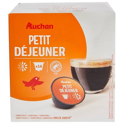 Auchan Capsules de café petit déjeuner, 16 capsules