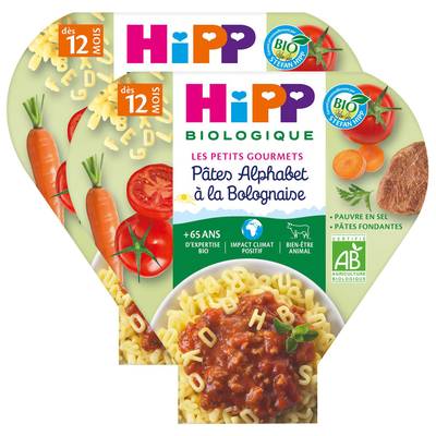 Hipp - Les Petits Gourmets Pâtes Alphabet à la Bolognaise Bio Assiette Bébé Dès 12 mois, Lot de 2x230g