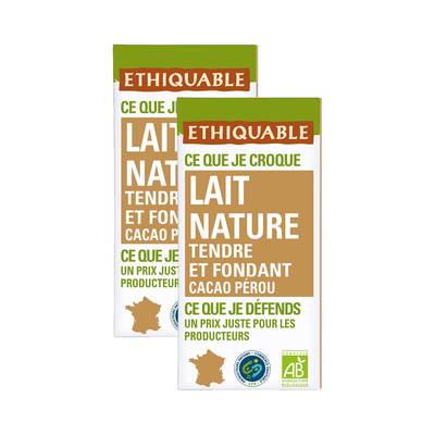Ethiquable - Commerce Equitable Chocolat Lait Tendre et Fondant 32% Cacao Bio du Pérou, Lot de 2x100g