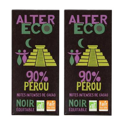 Alter Eco - Commerce Equitable Chocolat noir 90% Cacao Bio du Pérou, Lot de 2x100g