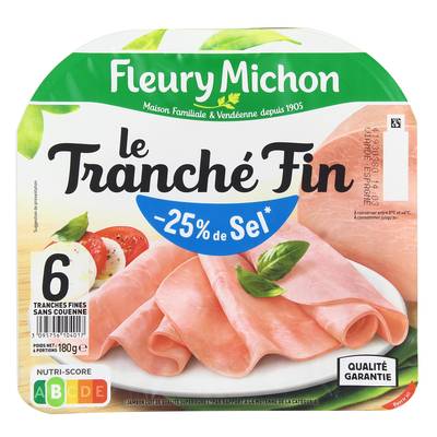 Fleury Michon Jambon Le Tranché Fin , Taux de Sel Réduit - 25%*, 6 tranches - 180g