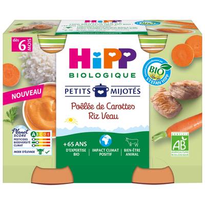 Hipp - Petits Mijotés Poêlée de Carottes Riz Veau Bio Pot Bébé Dès 6 Mois, 2x190g
