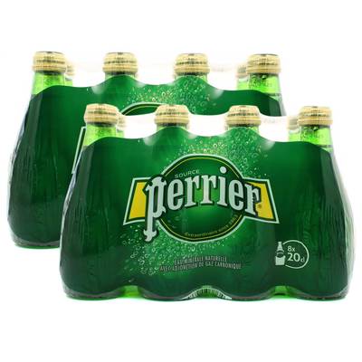 Perrier Eau gazeuse minérale naturelle, bouteille en verre, 2 Packs de 8x20cl