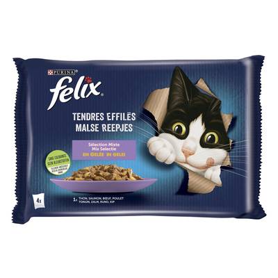 Purina - Félix Sachets en gelée Tendres Effilés Sélection mixte Poulet, Thon, Saumon, Boeuf pour chat, 4x85g