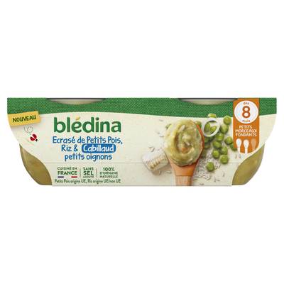 Blédina Ecrasé de Petits Pois, Riz, Cabillaud et Petits Oignons Bol Bébé Dès 8 mois, 2x200g