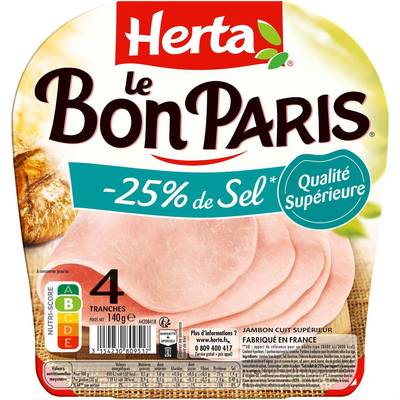 Herta Jambon Le Bon Paris, Taux de Sel Réduit - 25%*, 4 tranches - 140g