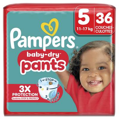 Pampers Babydry Pants Couches Culottes Bébé Baby-Dry Pants 11-17kg T5, 36 couches culottes
