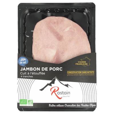 Rostain Jambon Bio -25% de Sel, sans Nitrite ni Nitrate Ajouté, 4 tranches - 160g