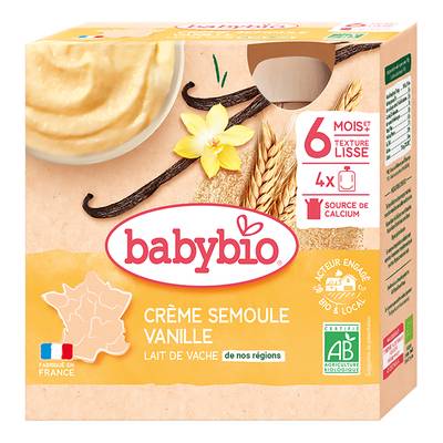 Babybio Dessert Lacté Crème Semoule Vanille Bio Gourde Bébé Dès 6 mois, 4x85g
