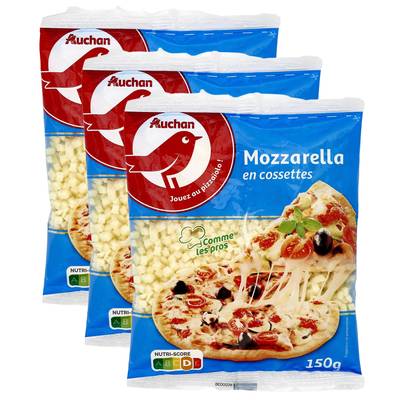Auchan Mozzarella en cossettes, Lot de 3x150g