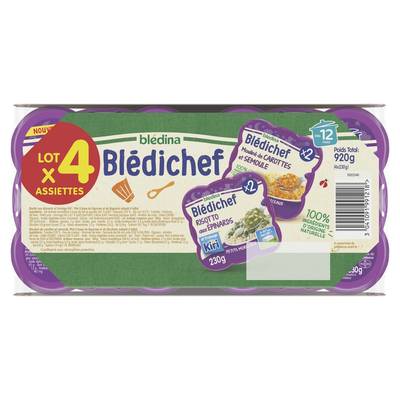 Blédina - Blédi'chef Mouliné de carottes et Légumes / Risotto aux épinards 2 recettes Assiette Bébé Dès 12 mois, 4x230g
