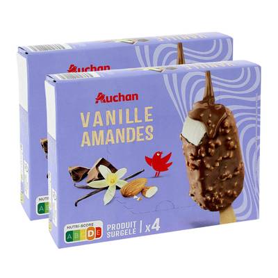 Auchan Bâtonnets glacés vanille amandes, Lot de 2x4 bâtonnets - 348g