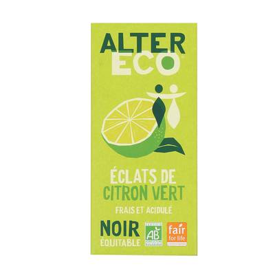Alter Eco - Commerce Equitable Chocolat noir éclats de citron vert 60% Cacao Bio du Pérou, 100g