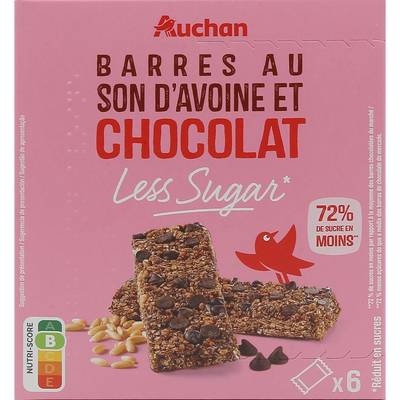 Auchan Less Sugar Barres au son d'Avoine et chocolat, 6 barres