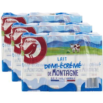 Auchan Lait demi-écrémé de montagne UHT, Lot de 3 - 6x1L