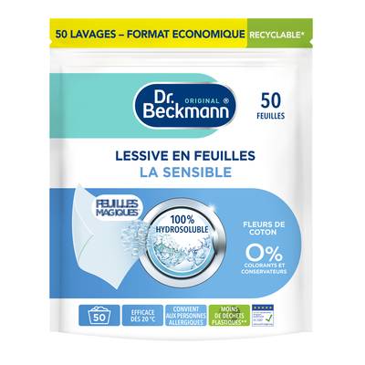 Dr Beckmann Lessive en feuille Peaux sensibles Fleurs de Coton, 50 feuilles