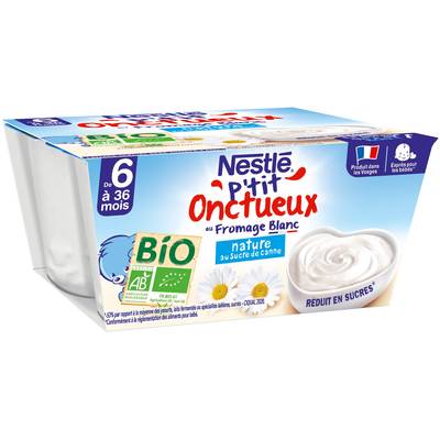 Nestlé - P'tit Onctueux Dessert lacté Nature Fromage Blanc Bio Coupelle Bébé Dès 6 mois, 4x90g