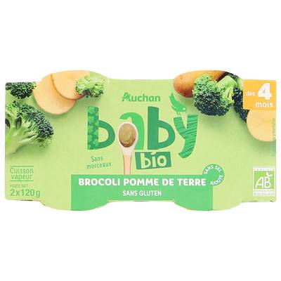 Auchan Baby Bio Brocoli pomme de terre Bio Bol Bébé dès 4 mois, 2x120g
