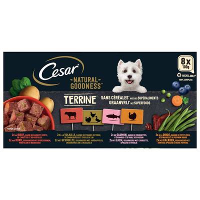 César Barquettes Terrine sans Céréales Natural Goodness 4 variétés pour chien adulte, 8x100g