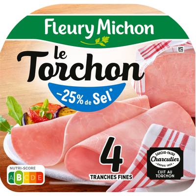 Fleury Michon Jambon Le torchon, Taux de Sel Réduit - 25%*, 4 tranches - 120g