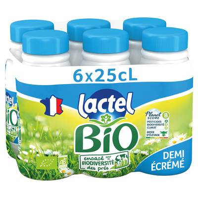 Lactel Lait Bio 1/2 écrémé, 6x25cl
