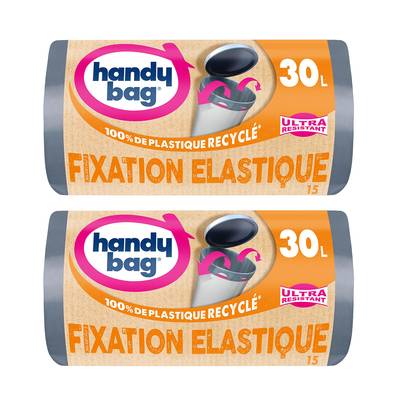 Handy Bag Sacs poubelle 30L fixation élastique & poignées coulissantes, Lot de 2x15 sacs de 30L