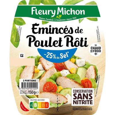 Fleury Michon Emincés de Poulet Rôti,  Taux de Sel Réduit -25%*, 2x75g