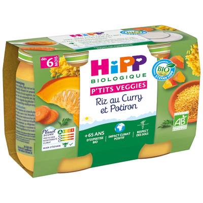 Hipp - P'tits Veggies Riz au Curry et Potiron Bio Pot Bébé Dès 6 Mois, 2x190g