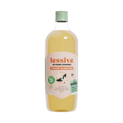 Super Flacon Lessive à la fleurs blanches, Bouteille verre de 1  Litre