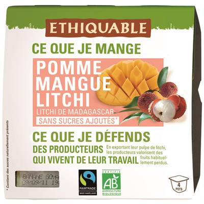 Ethiquable - Commerce Equitable Purée pomme mangue litchi Bio, 4x100g