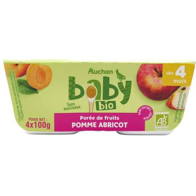 Auchan Baby Bio Dessert Pomme Abricot Bio Coupelles Bébé dès 4 mois, 4x100g