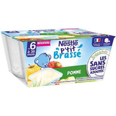Nestlé - P'tit Brassé Dessert Lacté Pomme Sans Sucre Ajouté Coupelle Bébé Dès 6 mois, 4x90g