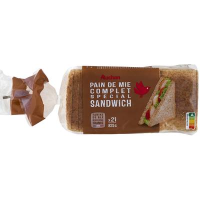 Auchan Pain de Mie Complet avec Croûte Spécial Sandwich, 21 tranches - 825g