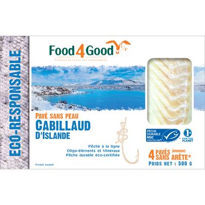 Food4Good Pavés de Cabillaud d'Islande MSC sans peau sans arête, 500g