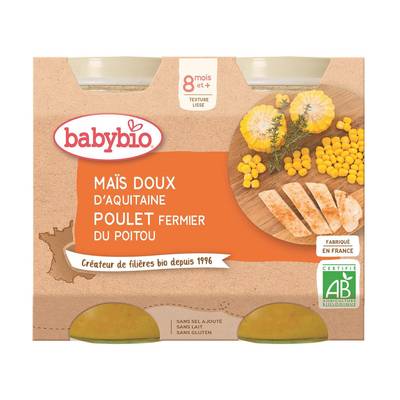 Babybio Maïs doux, Poulet fermier du Poitou Bio Pots Bébé Dès 8 mois, 2x200g