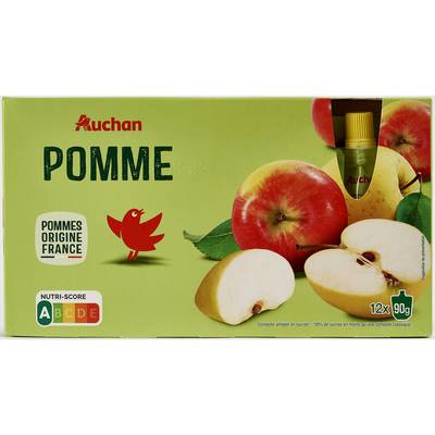 Auchan Gourdes compote pomme nature allégées en sucres, 12x90g