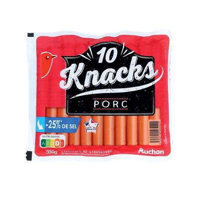 Auchan Knacks au Porc Réduit en Sel, 10 saucisses - 350g