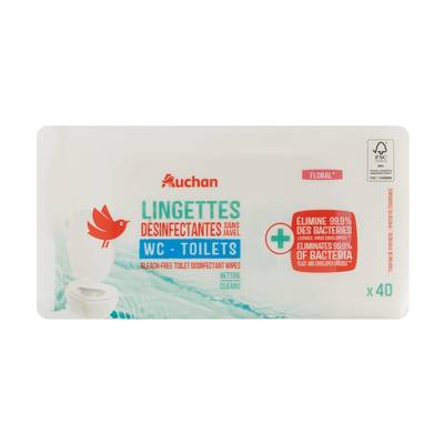 Auchan Lingettes WC désinfectantes sans javel, 40 lingettes