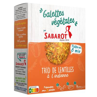 Sabarot Préparation pour Galette Végétale- Trio de Lentilles à l'indienne, 170g
