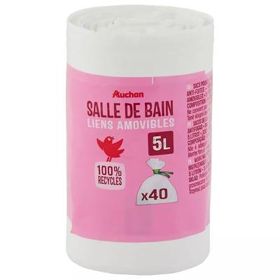 Auchan Sacs poubelle à liens détachables salle de bain 5L, 40 sacs poubelles
