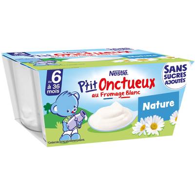 Nestlé - P'tit Onctueux Dessert Lacté Nature Fromage Blanc Coupelles Bébé dès 6 mois, 4x90g