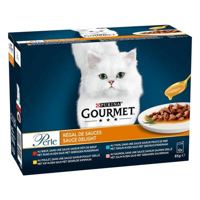 Purina - Gourmet Perle Sachets Régal de sauces Boeuf, Poulet, Thon, Saumon pour chat, 12x85g