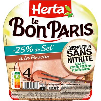 Herta Jambon à la Broche Le Bon Paris, Taux de Sel Réduit - 25%* et Conservation Sans Nitrites, 4 tranches - 140g