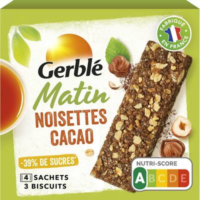 Gerblé 12 Barres Petit dejeuner Noisettes Cacao -39% de sucres en moins, 120g