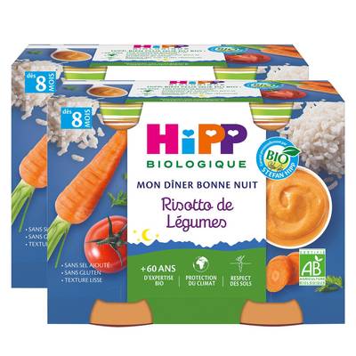 Hipp - Mon Dîner Bonne Nuit Risotto de Légumes Bio Pot Bébé Dès 8 mois, Lot de 2x2x190g