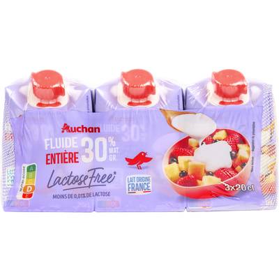 Auchan Crème fluide entière sans lactose 30%mg UHT, 3x20cl