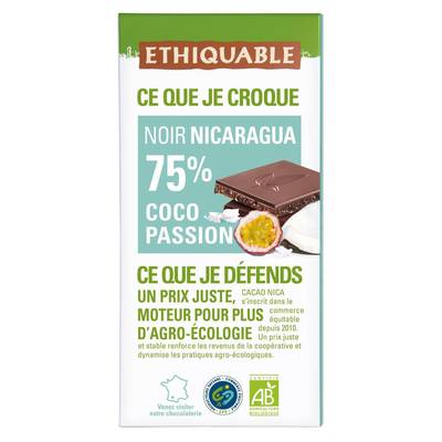 Ethiquable - Commerce Equitable Chocolat noir Cacao 75% Coco Passion Bio du Nicaragua, 100g