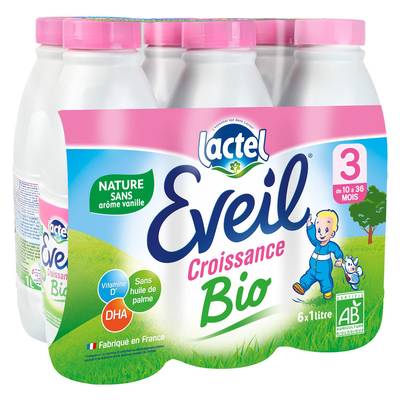 Lactel Eveil Lait de croissance Bio 3 Liquide Bébé Dès 10 mois, 6x1L
