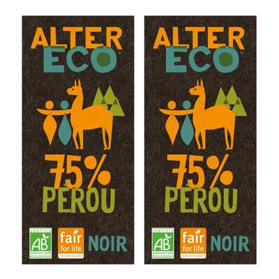 Alter Eco - Commerce Equitable Chocolat noir 75% Cacao Bio du Pérou, Lot de 2x100g